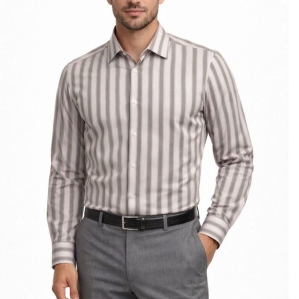 Boss Hugo Boss Men's Gray White Pink Vertical Stripe LS Dress Shirt Size XL